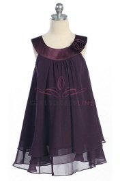 Click to enlarge : Eggplant Satin bib necklin & chiffon A-line Flower Girl dress