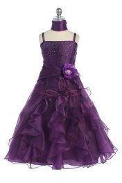 Click to enlarge : Plum Jeweled Bodice Ruffle Layered Organza Flower Girl Dress