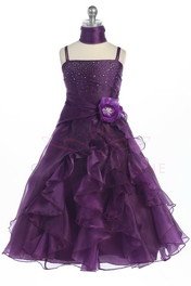 Plum Jeweled Bodice Ruffle Layered Organza Flower Girl Dress - Flower Girl Dresses