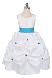Click to enlarge : White/Turquoise Taffeta Pick-Up Flower Girl Dress with Sash