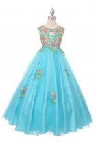 Aqua Stunning Sewn Flower Embroidery Lace Illusion Dress