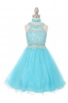 Aqua Dazzling Halter Neck Laced Rhinestone Tulle Dress