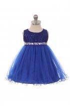 Royal Blue Sleeveless Shiny Tulle Flower Girls Dress with Beaded Waist