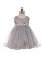 Silver Sleeveless Shiny Tulle Flower Girls Dress with Beaded Waist