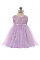 Lilac Sleeveless Shiny Tulle Flower Girls Dress with Beaded Waist