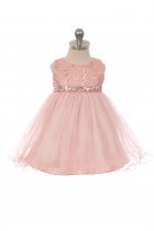 Blush Sleeveless Shiny Tulle Flower Girls Dress with Beaded Waist