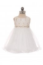 White Sleeveless Shiny Tulle Flower Girls Dress with Beaded Waist