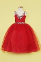 Red Beautiful V-Neck Jeweled Flower Girl Dress