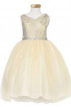 Champagne/Gold Sleeveless Metallic Bodice Tulle Dress