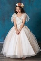 Champagne Pageant Dress With Flutter Sleeve