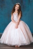 Blush Pink Open Shoulder Lace Bodice with Beautiful Pattern of Glitter on Skirt