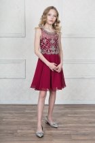 Burgundy Short Chiffon Dress with Jeweled Bodice