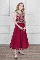 Burgundy Long Chiffon Junior Bridesmaid Dress with Jeweled Bodice