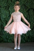 Blush Pink Open Shoulder Beaded Bodice Chiffon Tween Dress