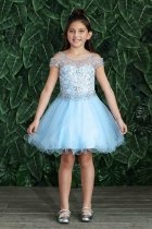 Bahama Blue Open Shoulder Beaded Bodice Ruffle Skirt Tween Dress