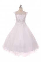 White Beautiful Bodice Flower Girl Long Dress