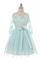 Aqua Long Sleeve Flower Lace Dress with Belt