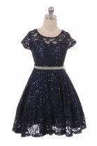 Navy Cap Sleeve Lace Dress with Belt