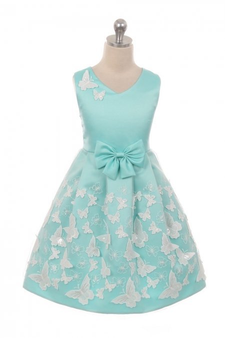 Aqua Satin Top With Butterfly mesh Lace Skirt With Ribbon Trim Dress Aqua Satin Top With Butterfly mesh Lace Skirt With Ribbon Trim Dress