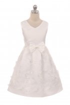 Off White Satin Top With Butterfly mesh Lace Skirt With Ribbon Trim Dress