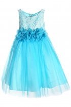 Aqua Blue Illusion Dress w/ 3 Mesh Flowers Dress