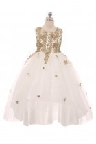 White Gold Embroider on Bodice High-low Flower Girl Dress