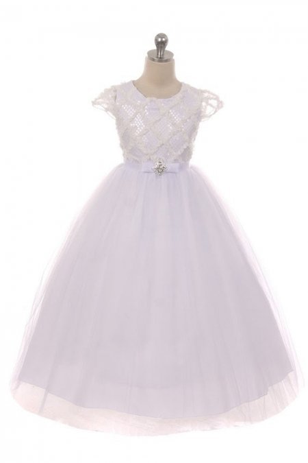 White Rhombus Clear Sequins Communion Long Dress White Rhombus Clear Sequins Communion Long Dress