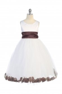 White/Brown Satin & Tulle Flower Girl Dress with Petals & Sash
