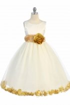 Ivory/Gold Satin & Tulle Petal Flower Girl Dress with Sash & Flower