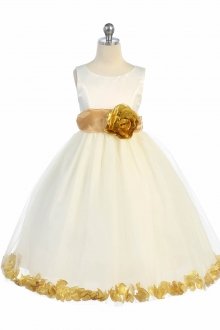 Ivory/Gold Satin & Tulle Petal Flower Girl Dress with Sash & Flower