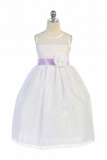 White/Lilac Floral Lace Flower Girl Dress