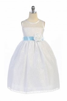 White/Sky Blue Floral Lace Flower Girl Dress