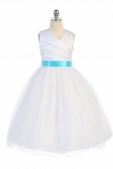 White/Aqua Elegant Satin & Tulle Flower Girl Dress
