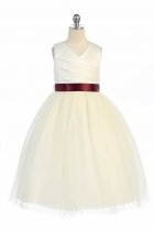 Ivory/Burgundy Elegant Satin & Tulle Flower Girl Dress