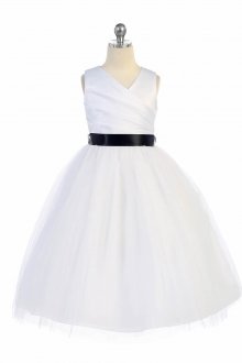 White/Black Elegant Satin & Tulle Flower Girl Dress