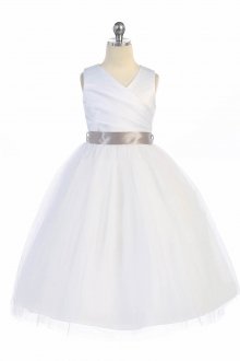 White/Silver Elegant Satin & Tulle Flower Girl Dress