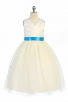 Ivory/Turquoise Elegant Satin & Tulle Flower Girl Dress