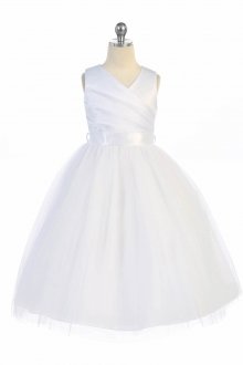 All White Elegant Satin & Tulle Flower Girl Dress