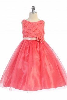 Coral Sleeveless Tulle Dress with Mesh Rolled Flowers Flower Girl Dress