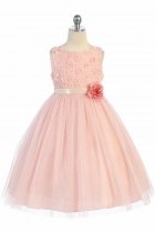 Dusty/Ivory Sleeveless Tulle Dress with Mesh Rolled Flowers Flower Girl Dress