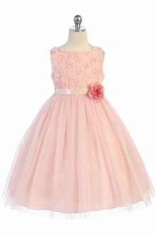 Dusty/Ivory Sleeveless Tulle Dress with Mesh Rolled Flowers Flower Girl Dress