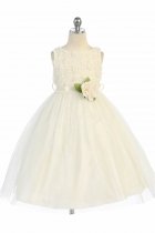 Ivory Sleeveless Tulle Dress with Mesh Rolled Flowers Flower Girl Dress