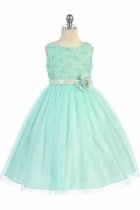 Mint Sleeveless Tulle Dress with Mesh Rolled Flowers Flower Girl Dress