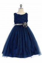 Navy Blue Sleeveless Tulle Dress with Mesh Rolled Flowers Flower Girl Dress