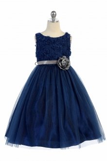 Navy Blue Sleeveless Tulle Dress with Mesh Rolled Flowers Flower Girl Dress