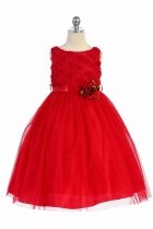 Red Sleeveless Tulle Dress with Mesh Rolled Flowers Flower Girl Dress