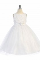 White Sleeveless Tulle Dress with Mesh Rolled Flowers Flower Girl Dress