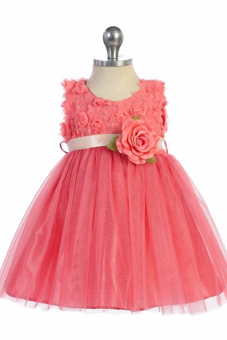 Coral Sleeveless Tulle Dress with Mesh Rolled Flowers Infant Dress Coral Sleeveless Tulle Dress with Mesh Rolled Flowers Infant Dress