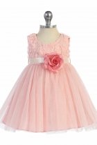 Dusty/Ivory Sleeveless Tulle Dress with Mesh Rolled Flowers Infant Dress