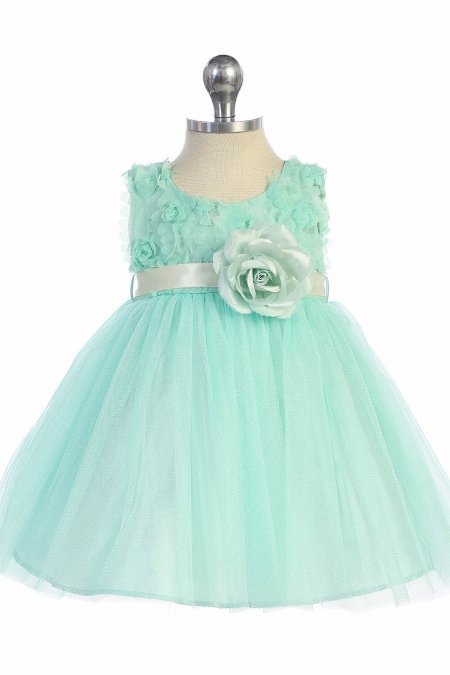 Mint Sleeveless Tulle Dress with Mesh Rolled Flowers Infant Dress Mint Sleeveless Tulle Dress with Mesh Rolled Flowers Infant Dress